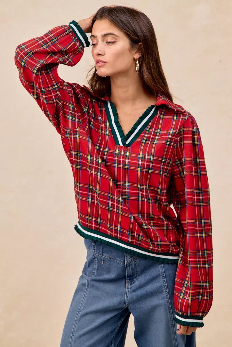 BiBi Christmas Plaid Collared Top with Ruffled Detail