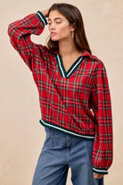 BiBi Christmas Plaid Collared Top with Ruffled Detail