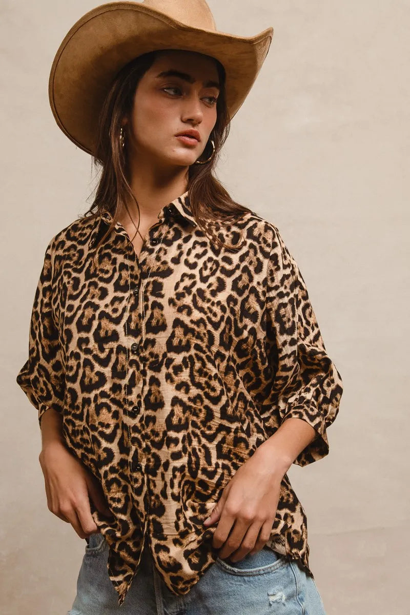 BiBi Leopard Prints Overseized Short Sleeves Top
