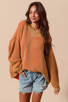 SO ME Oversized Two Tone Textured V Neck Sweater