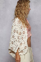 Openwork Chenille Cardigan with Contrast Floral