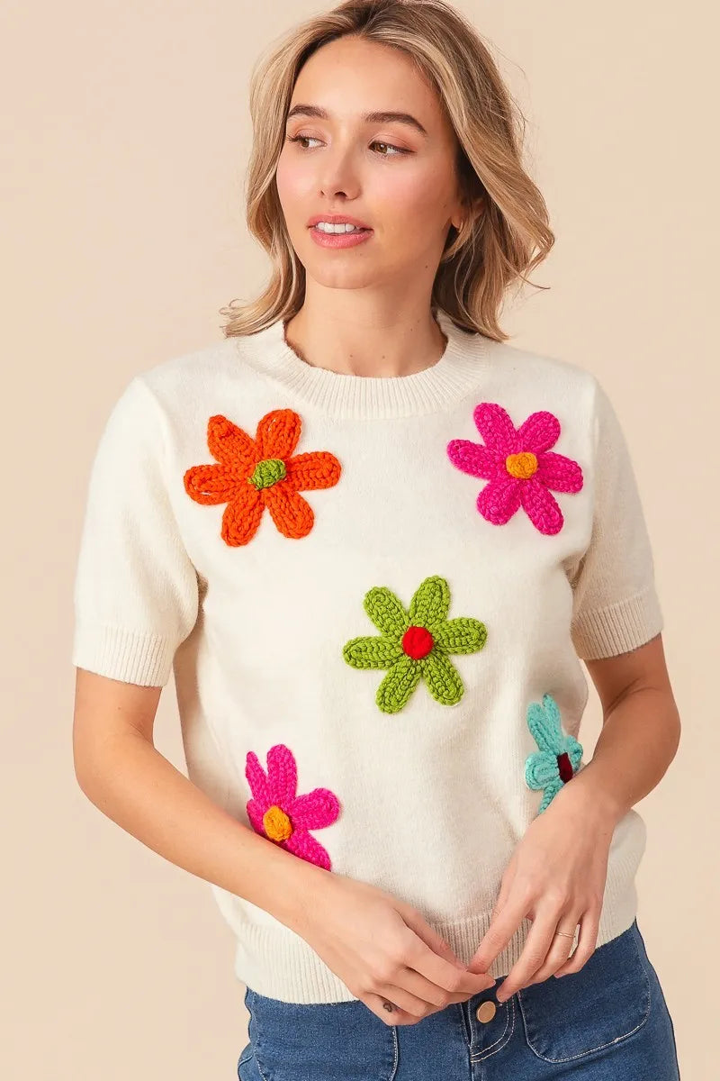 Crochet Flower Patch Sweater Top