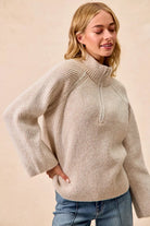 Rib Textured Knit Collared Top with Zip Up