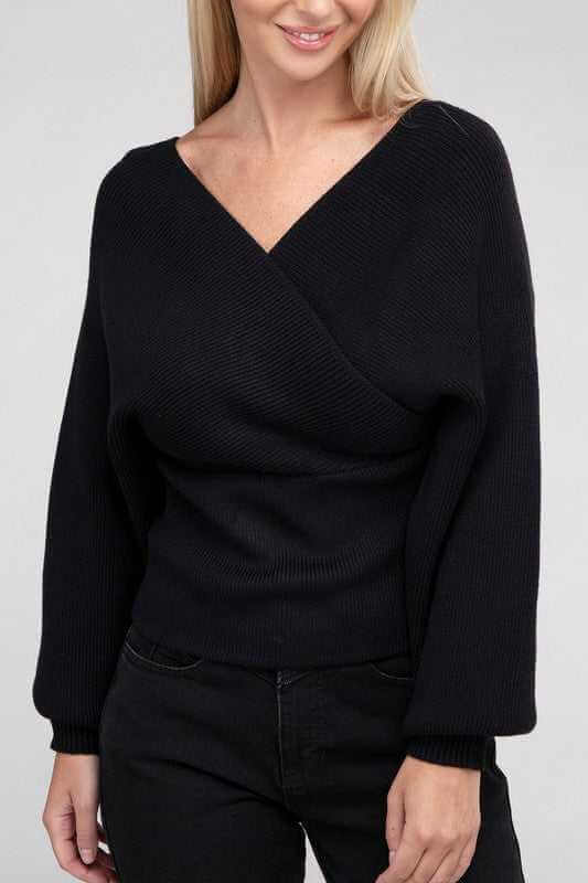 Zenana Viscose Cross Wrap Pullover Sweater