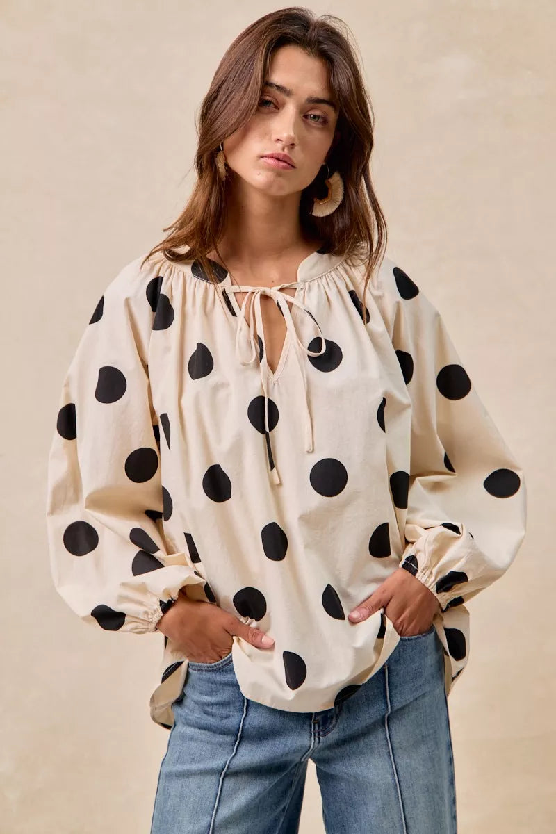 Polka Dot Balloon Sleeves Blouse