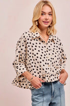 Polka Dot Peplum Top with Front Button