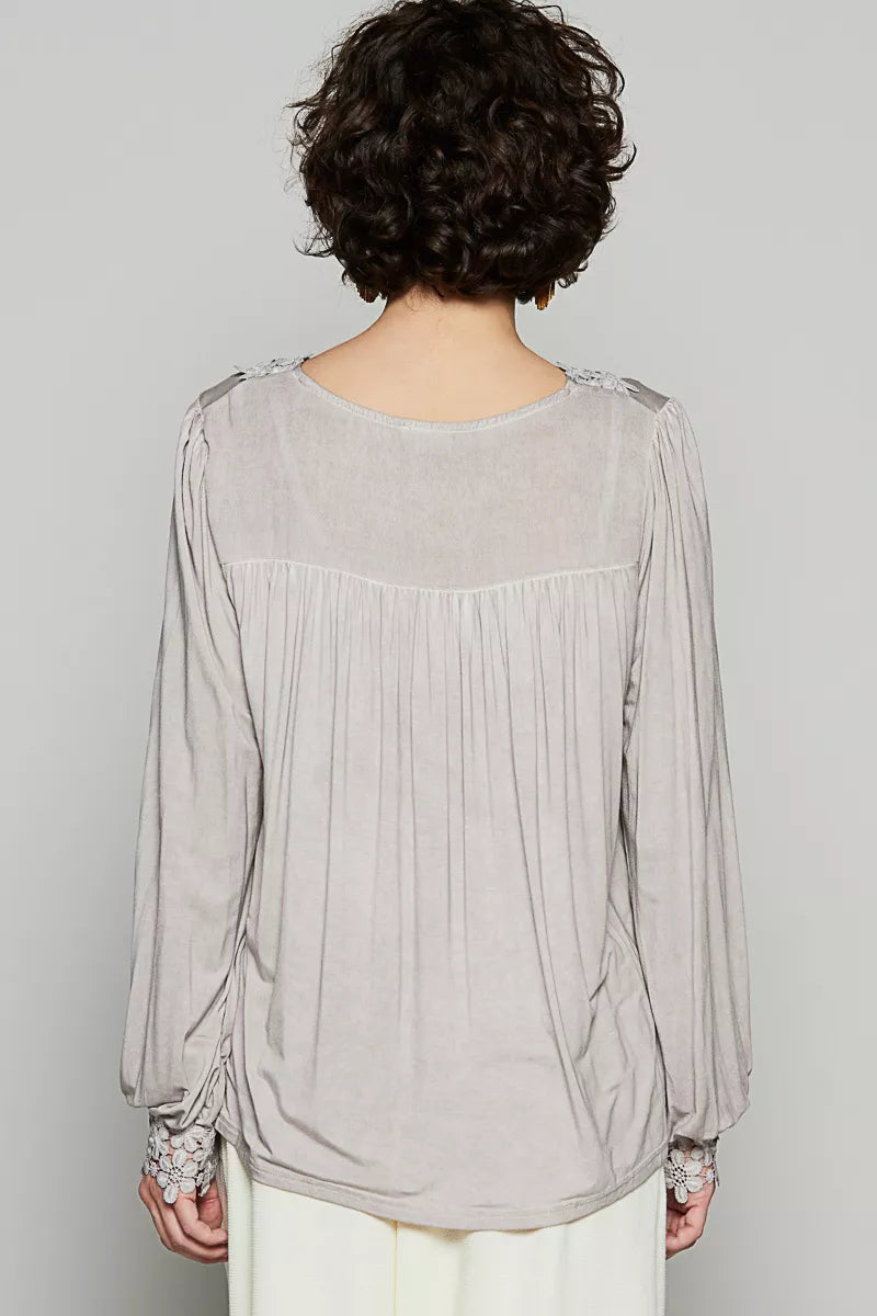 Floral Embroidery Woven Top with Lace Trim