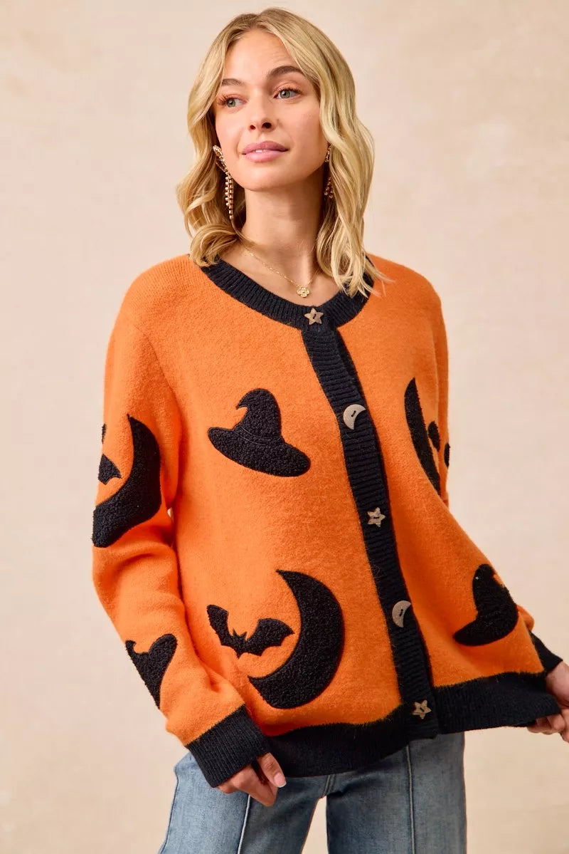 BiBi Halloween Witch Hat Moon Bat Artwork Cardigan