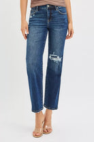 High Rise Crop Slim Straight Jeans with Hidden Knee Patch