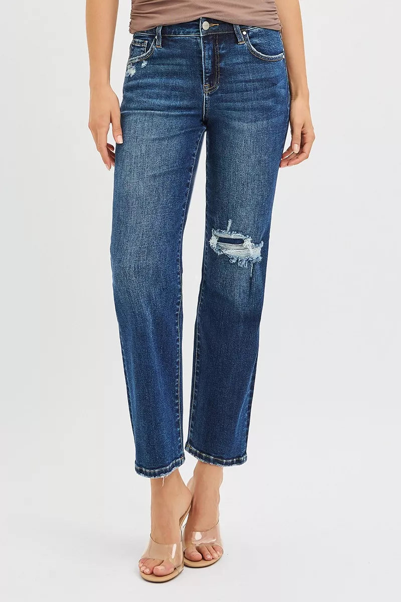 High Rise Crop Slim Straight Jeans with Hidden Knee Patch