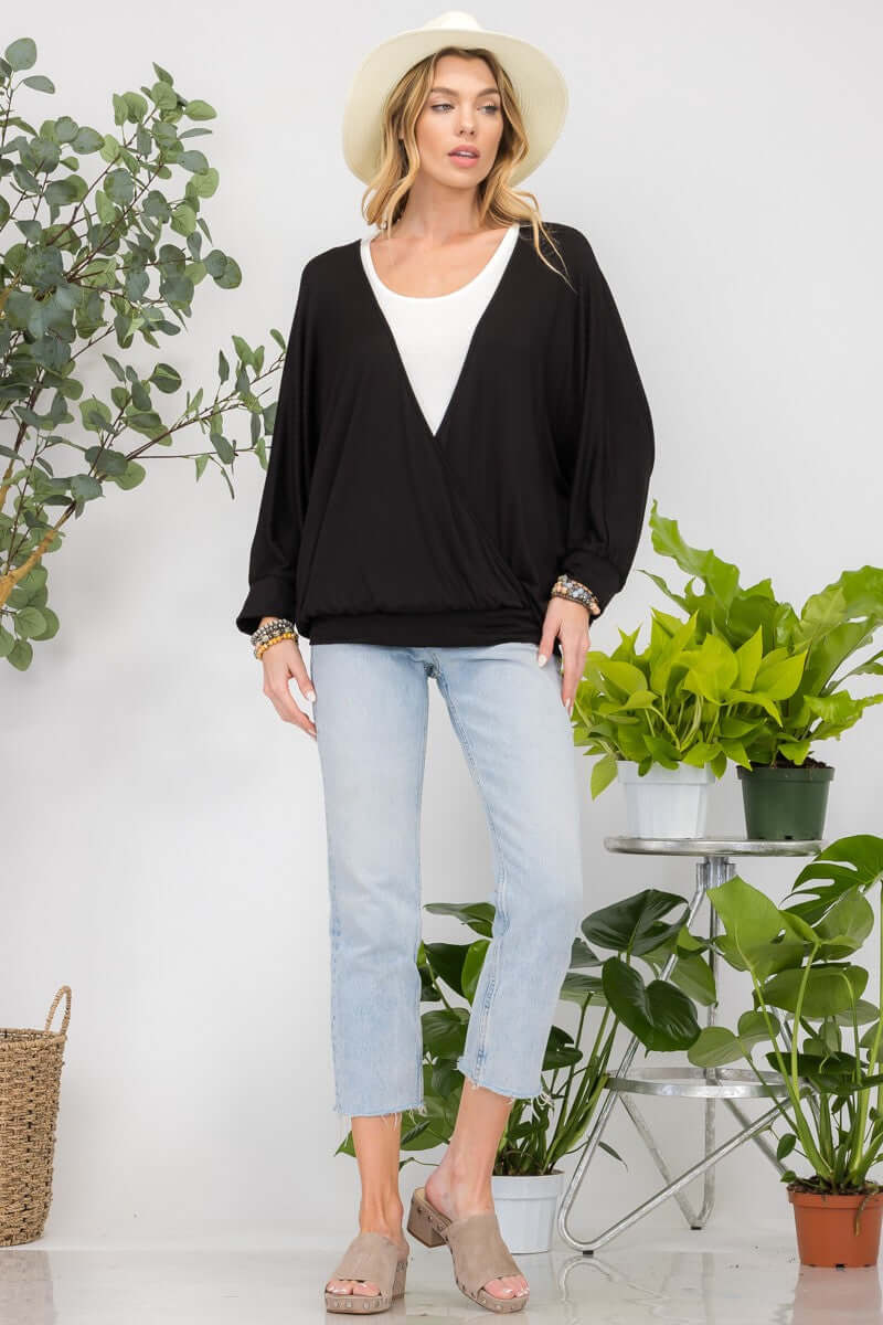 Contrast Round Neck Top with Two Layer Detail