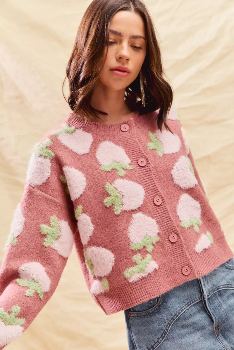 Strawberry Pattern Button-Up Cardigan