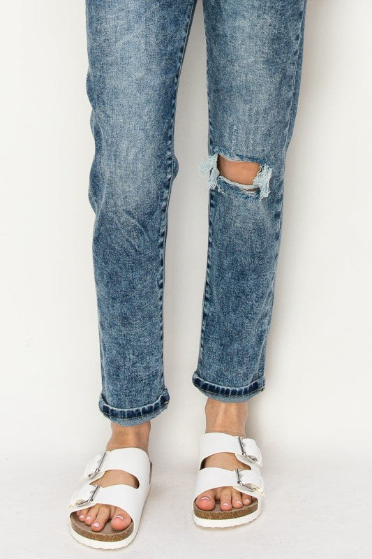 High Rise Stretch Distressed Mom Jeans
