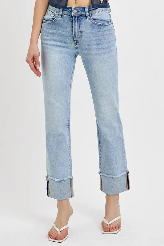 RISEN High Rise Straight Cuffed Relaxed Jeans