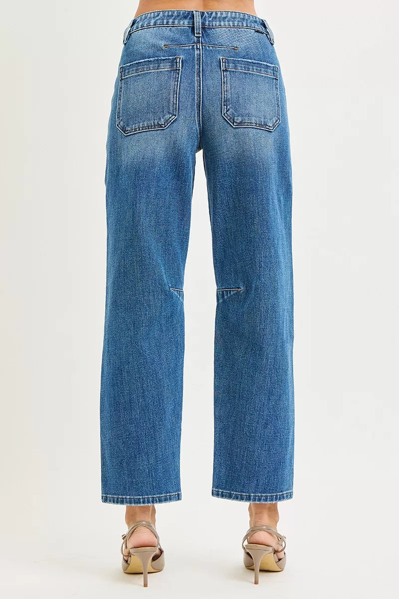 4 Way Stretch Mid Rise Barrel Jeans