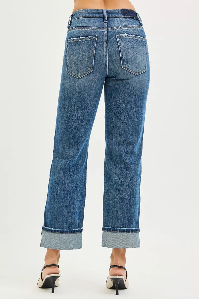 4 Way Stretch Slouchy Straight Jeans with Cuffed Hem