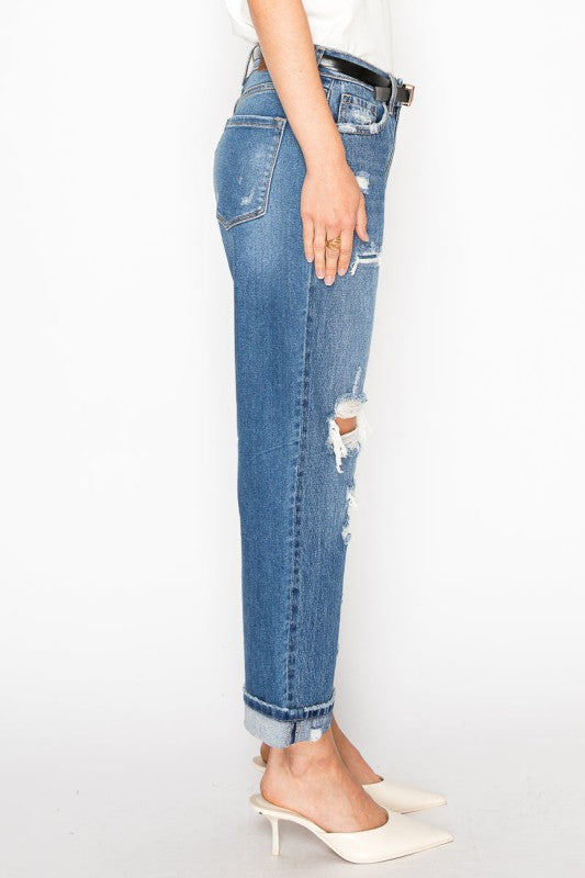 High Rise Distressed Straight Leg Jeans