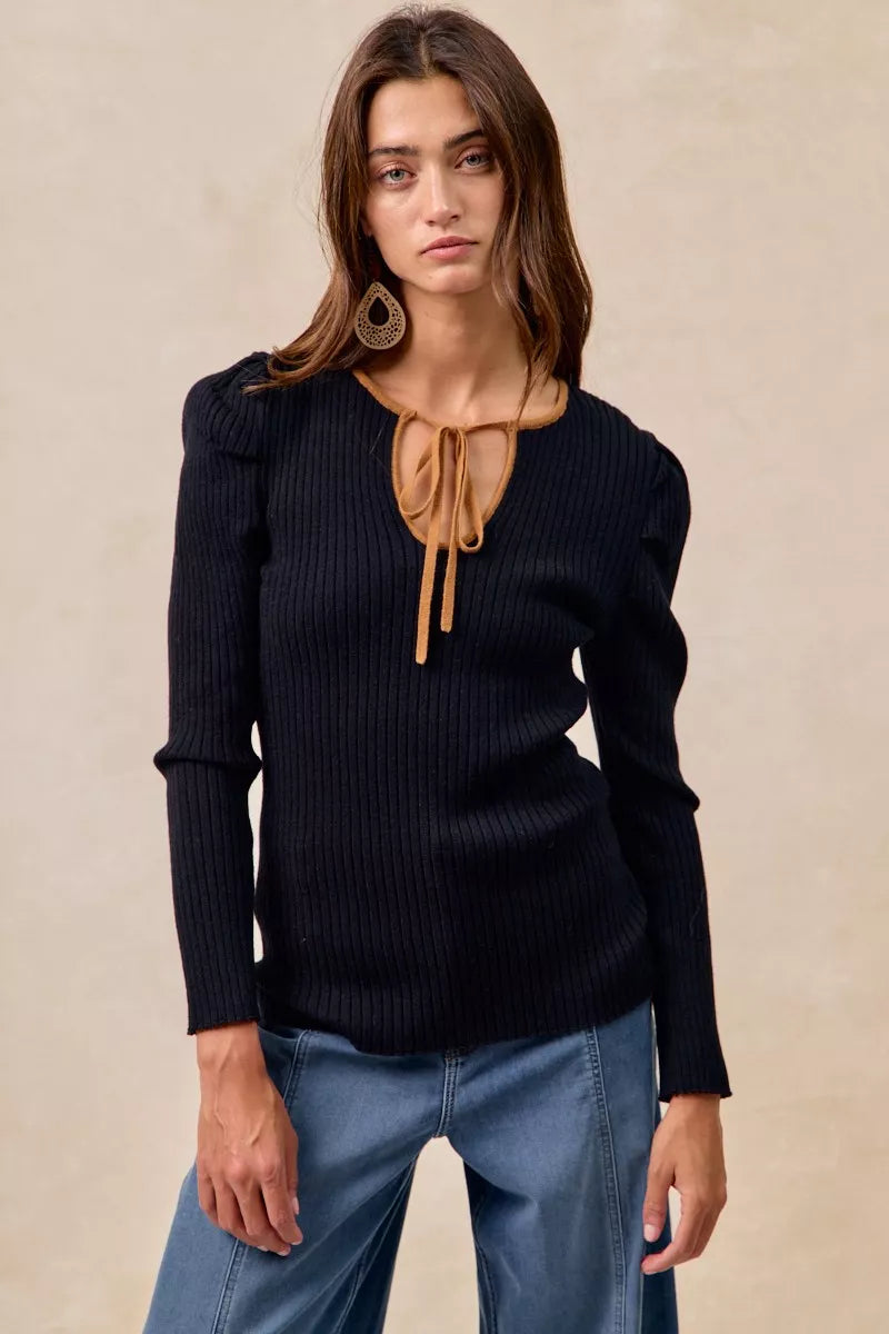 Ribbed Contrast Front Tied Top