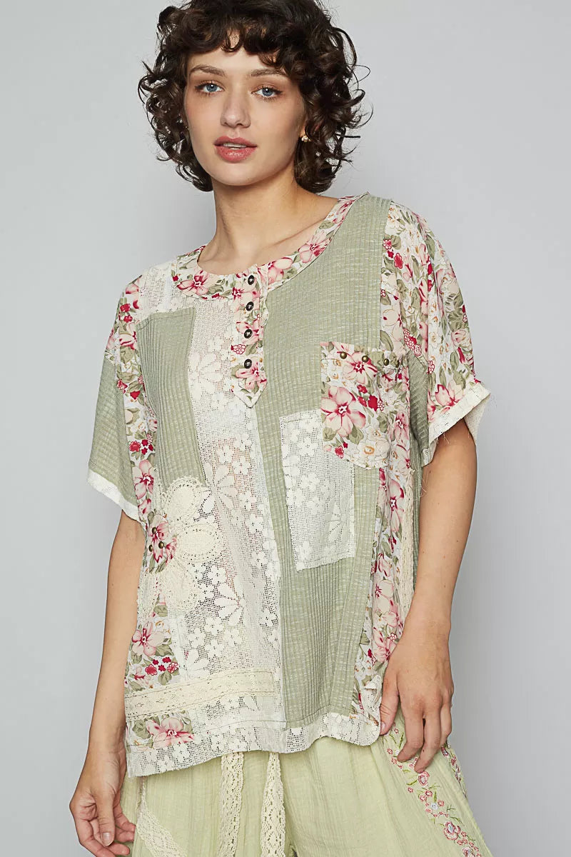 Lace Floral Pattern Top with Patch Detail