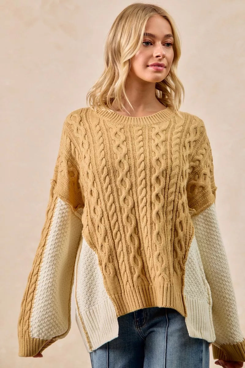 BiBi Cable Knit With Hacci Combo Sweater With Uneven Hem Detail