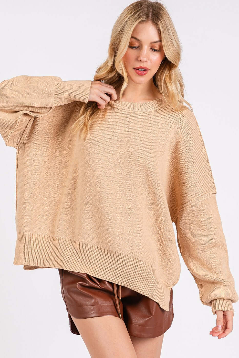 Side Slit Round Neck Drop Shoulder Sweater