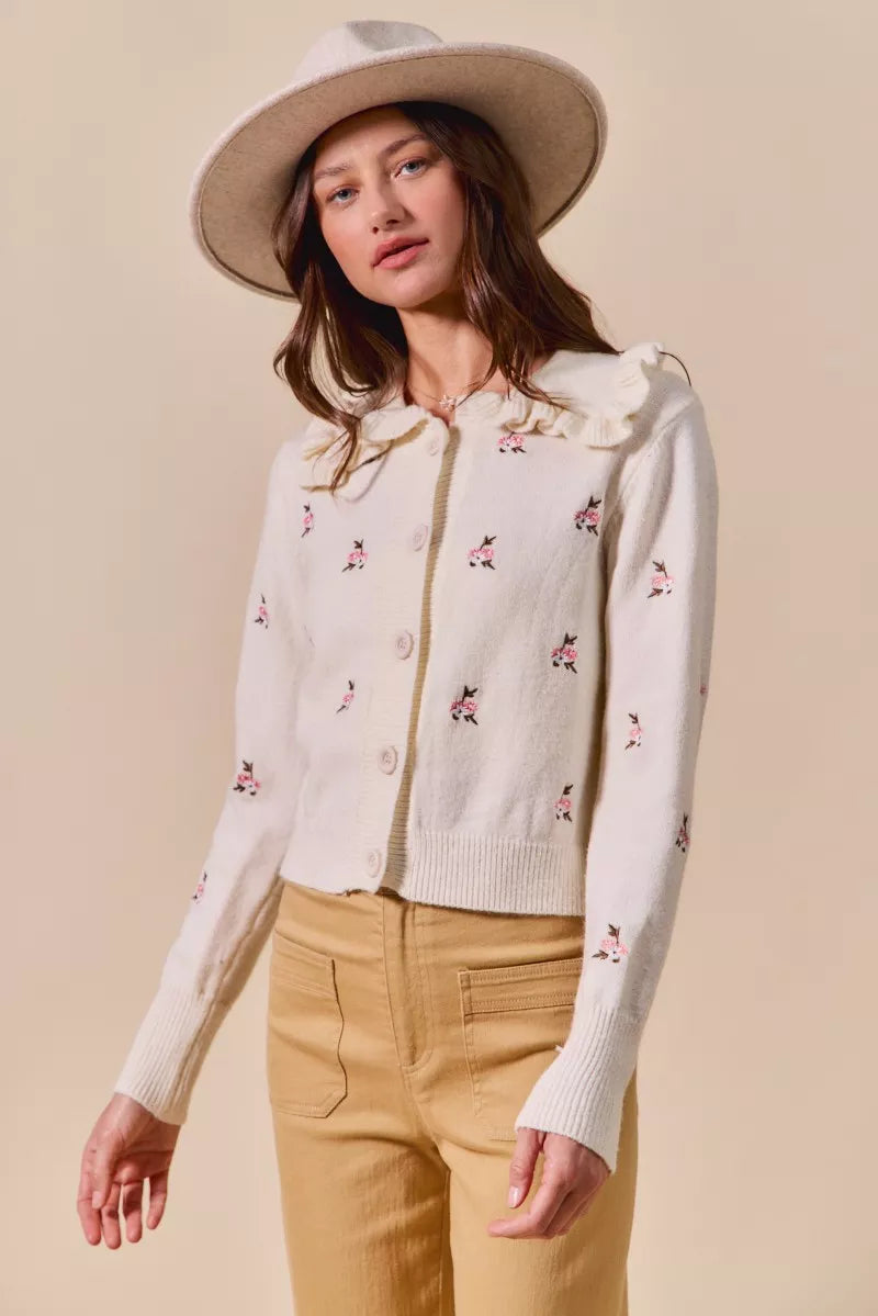 Collared Floral Embroidered Button Down Cardigan
