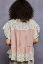 POL Floral V-Neck Short Sleeve Ruffled Double Gauze Blouse with Embroidery Detail