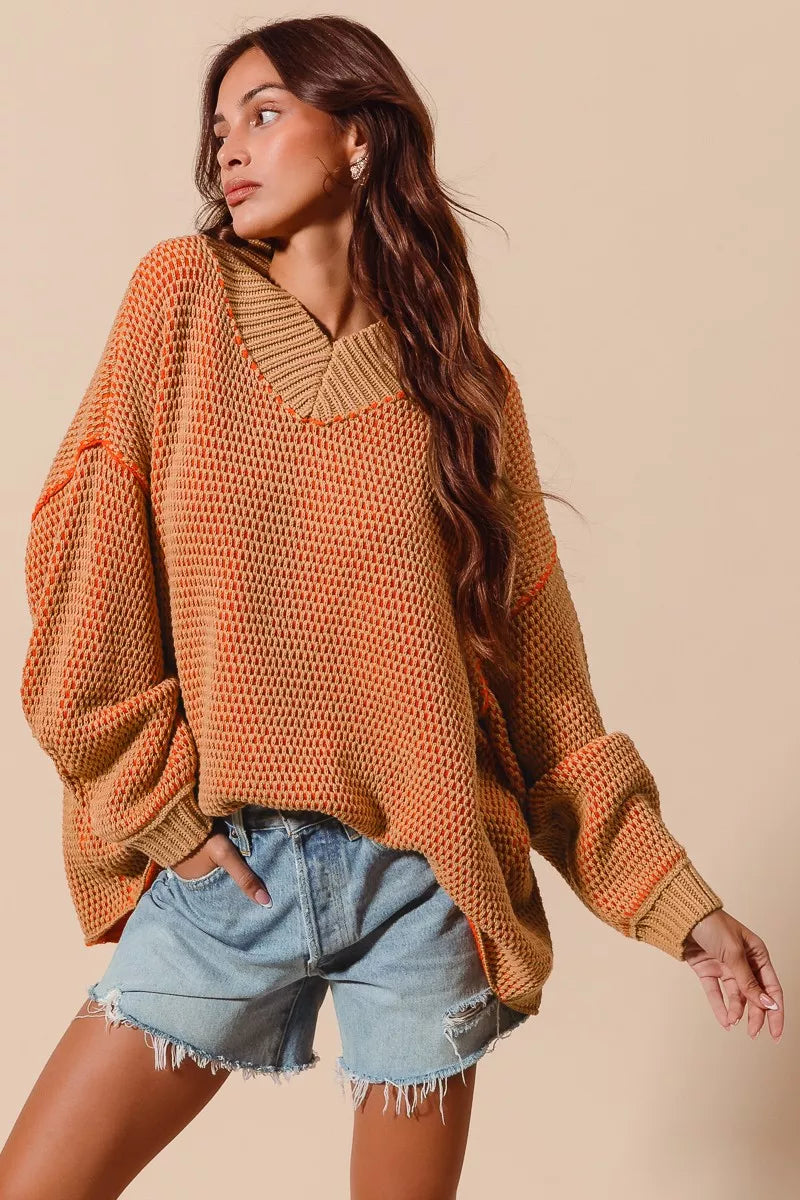 SO ME Oversized Two Tone Textured V Neck Sweater