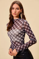 Plaid Mesh Knit Top with Thumb Opening