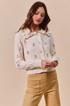 Collared Floral Embroidered Button Down Cardigan