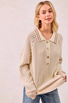 Half Button Ribbed Two Tone Sweater