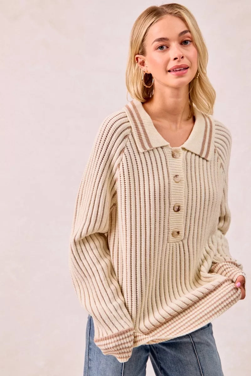 Half Button Ribbed Two Tone Sweater