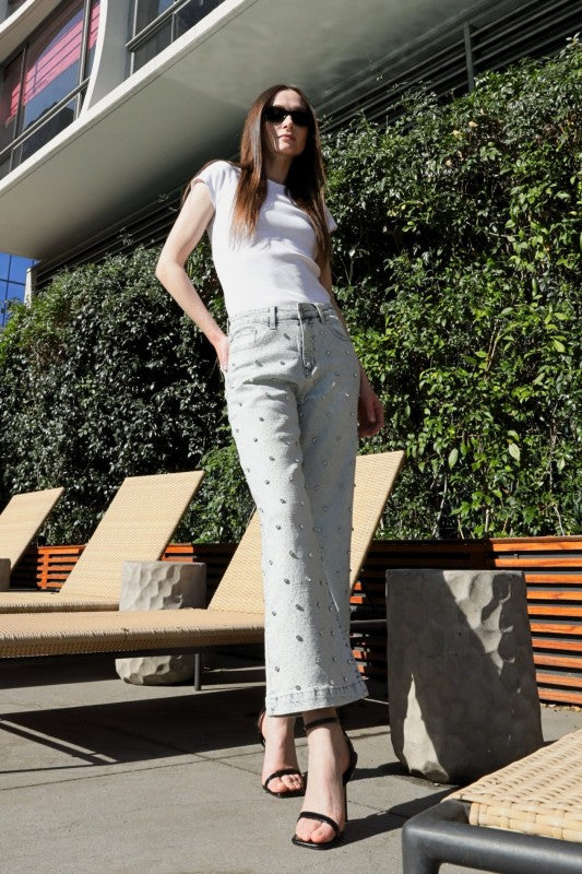 Jewel Embellished High Rise Cropped Palazzo Jeans