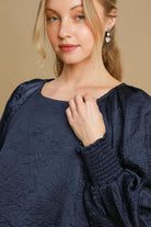 Wrinkled Round Neck Lantern Sleeve Blouse