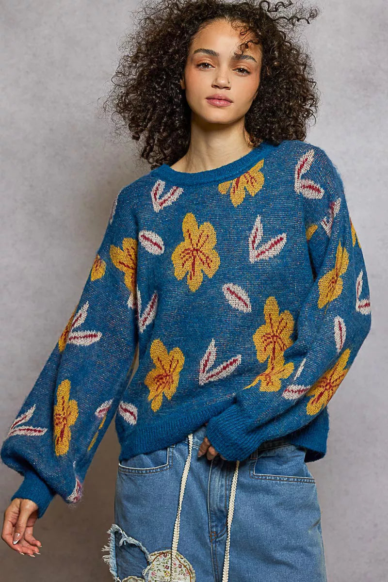 Floral Pattern Balloon Sleeve Sweater