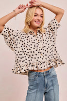 Polka Dot Peplum Top with Front Button