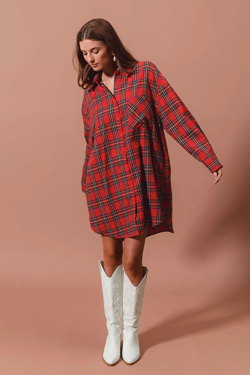 Christmas Plaid Button Up Shirt Dress