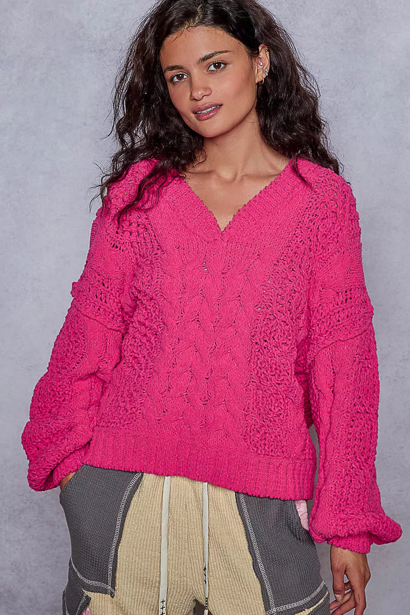 Cable-Knit V-Neck Cropped Sweater