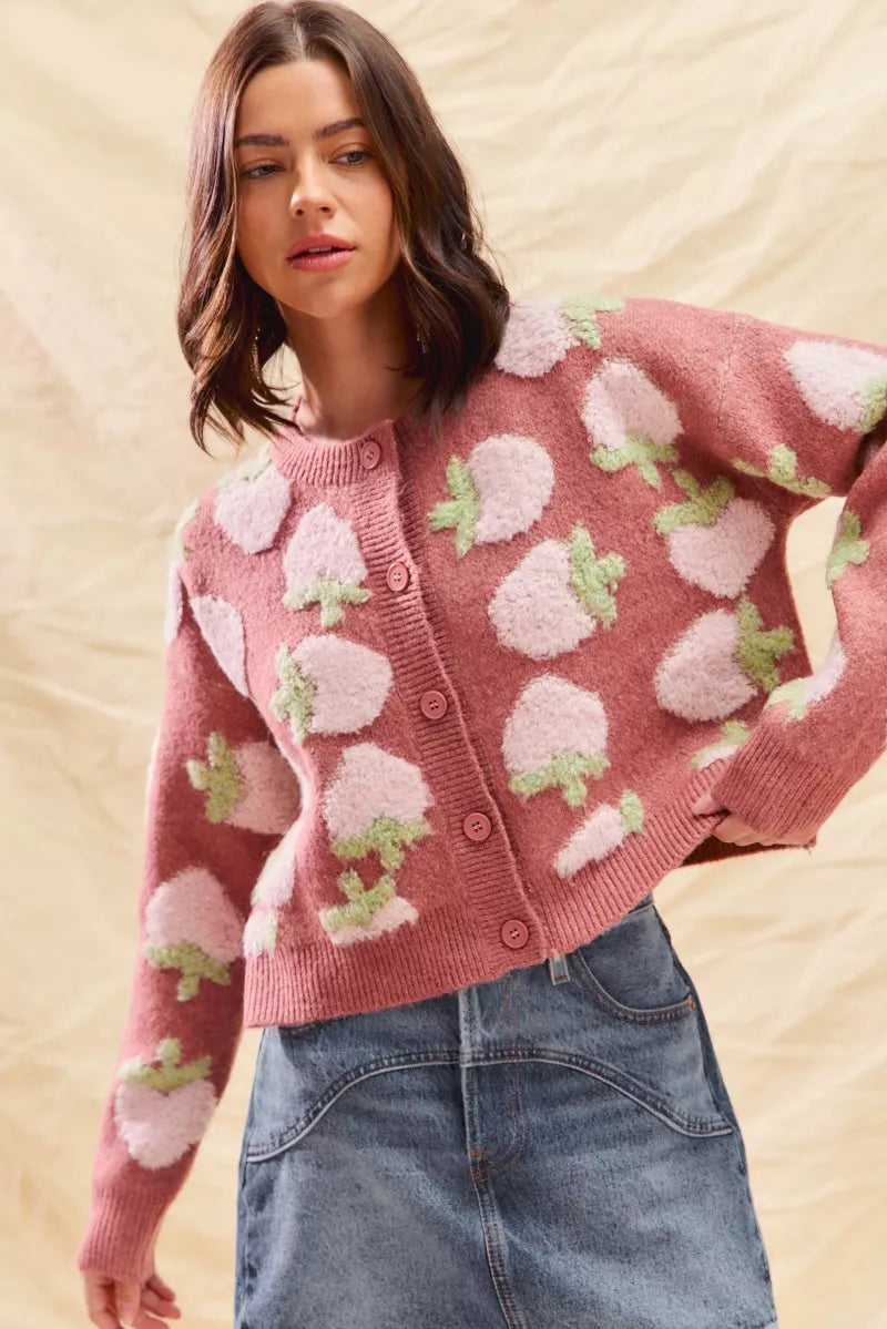 Strawberry Pattern Button-Up Cardigan