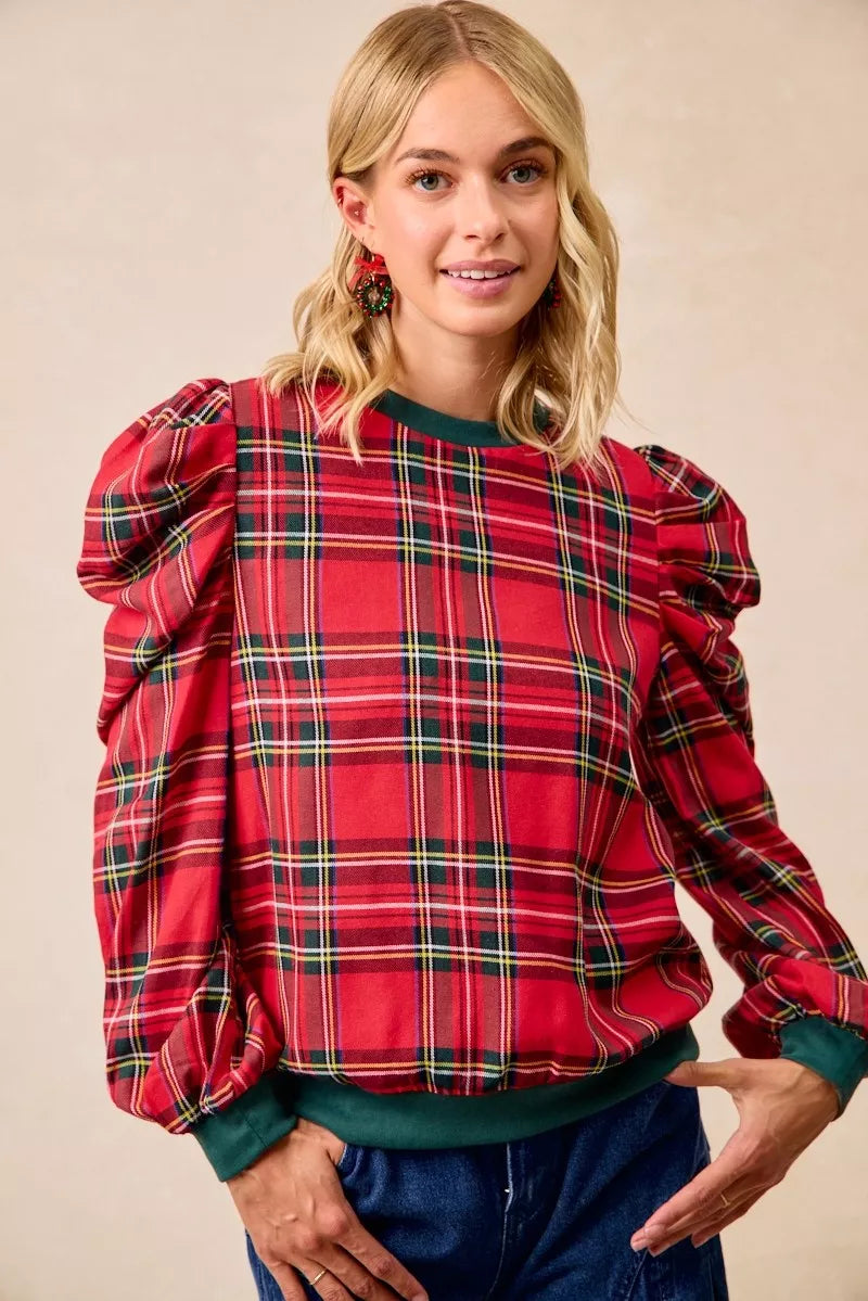 Plaid Exaggerated Shoulder Top