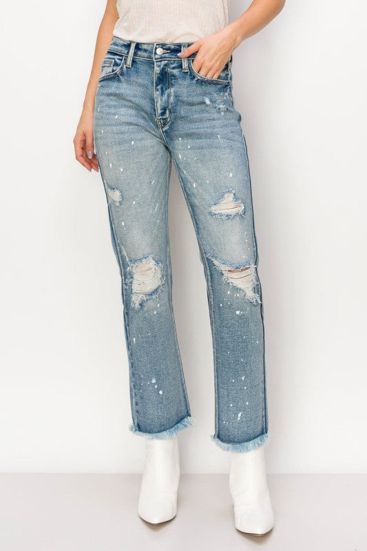 High Rise Distressed Straight Jeans