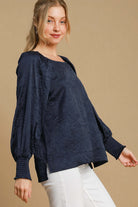 Wrinkled Round Neck Lantern Sleeve Blouse