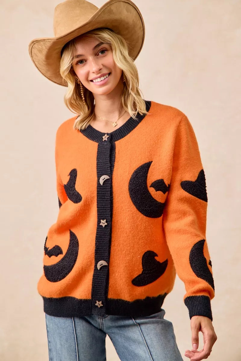 BiBi Halloween Witch Hat Moon Bat Artwork Cardigan