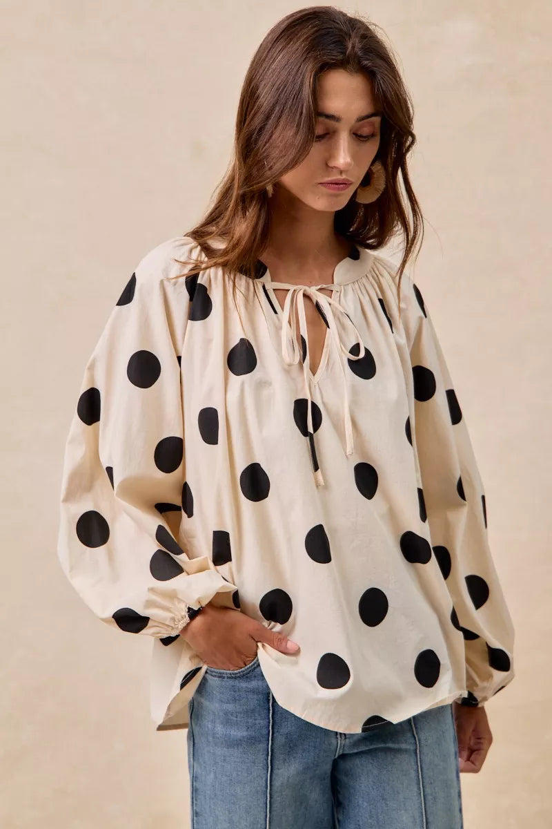 Polka Dot Balloon Sleeves Blouse