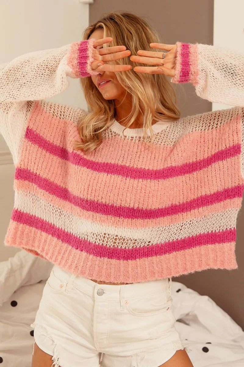 BiBi Hollow Out Yoke Detail Striped Sweater