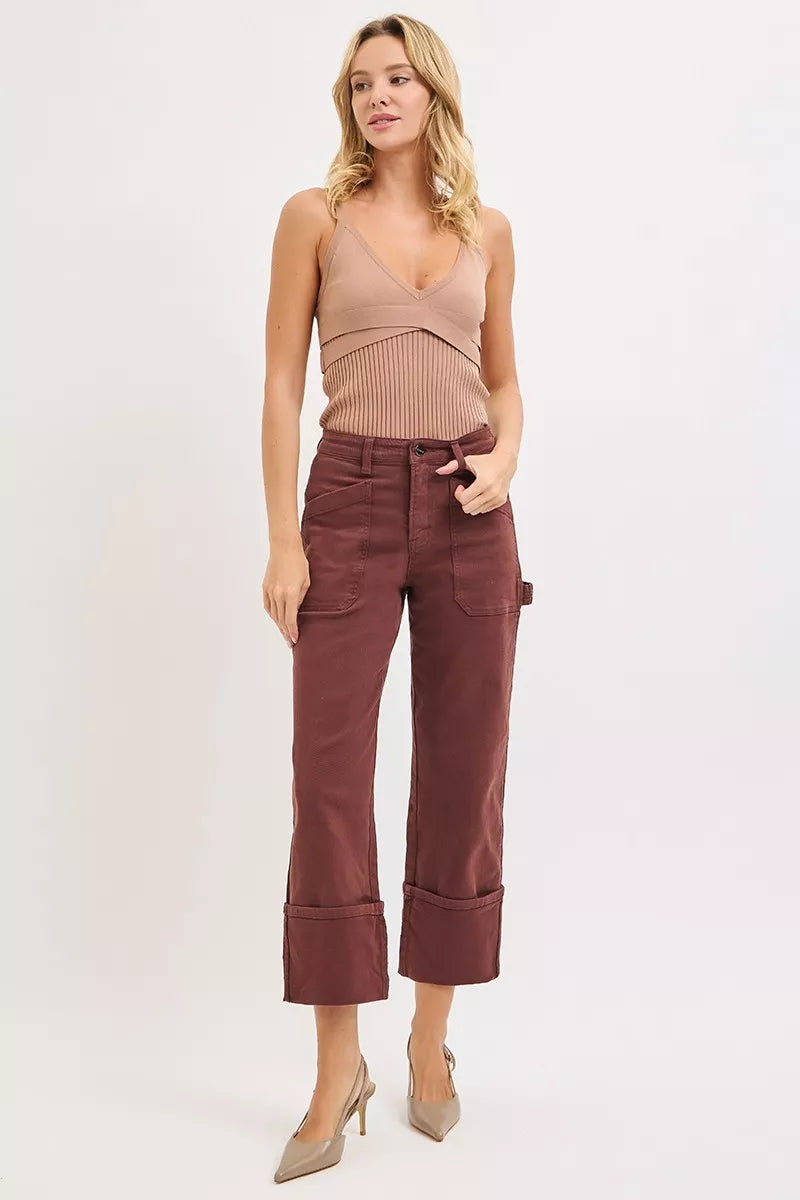 High Rise Wide Straight Cuffed Patch Jeans