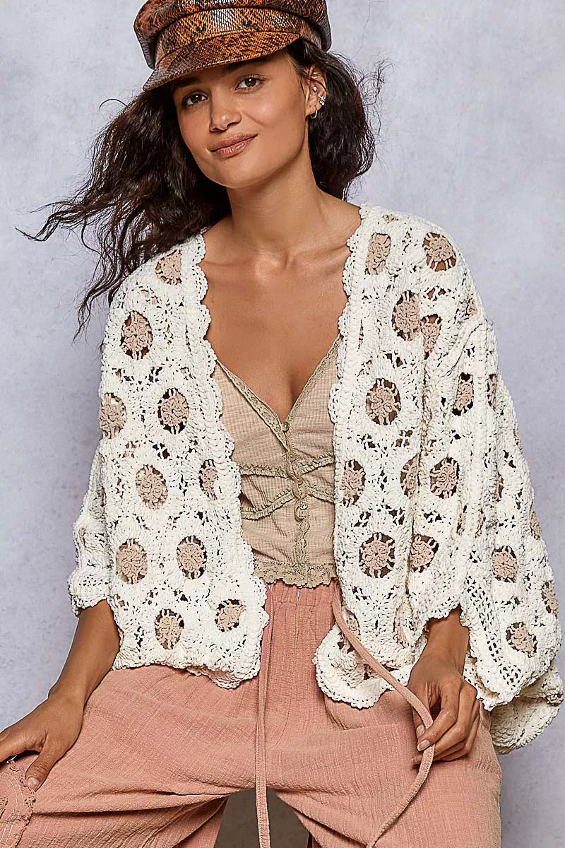 Openwork Chenille Cardigan with Contrast Floral