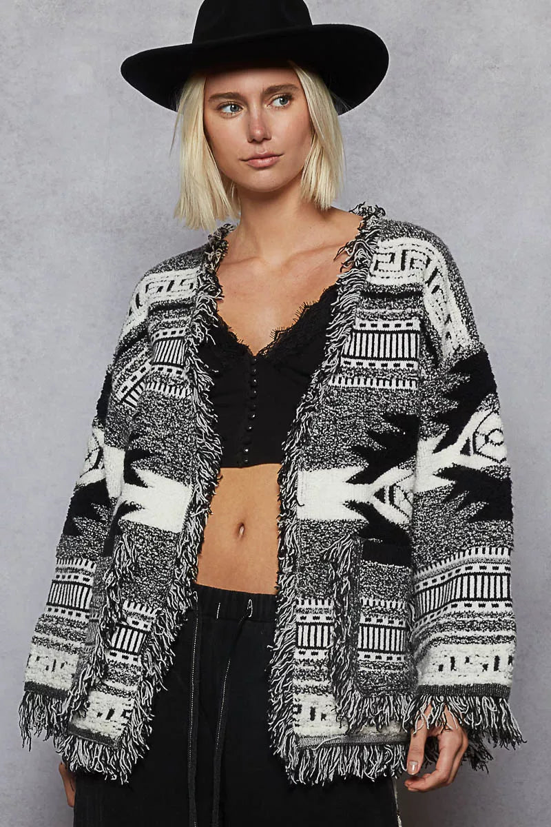 Open Front Geometric Print Cardigan