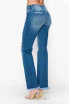 Raw Hem Distressed Mid Rise Straight Jeans