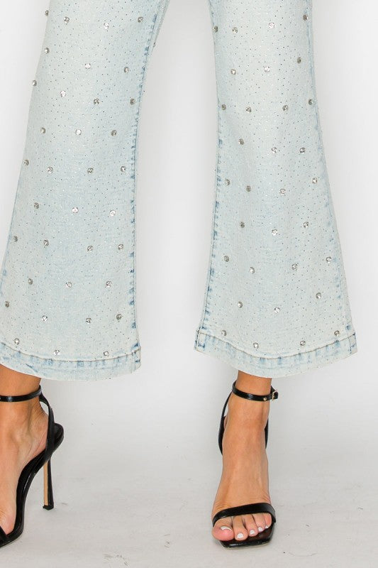 Jewel Embellished High Rise Cropped Palazzo Jeans